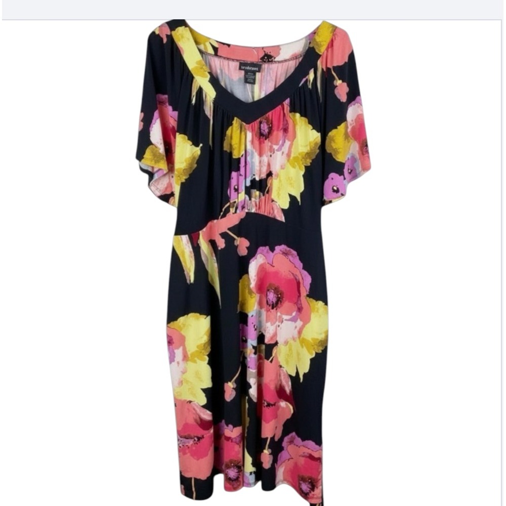 LANE BRYANT Black/Pink/Floral SLINKY KNIT DRESS Shift Cold Shoulder Mumu 26/28W